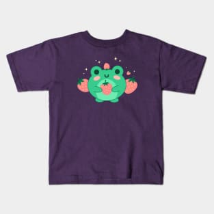 Neon Green Kawaii Frog, Blushing Strawberry, Retro Japanese Aesthetic Kids T-Shirt